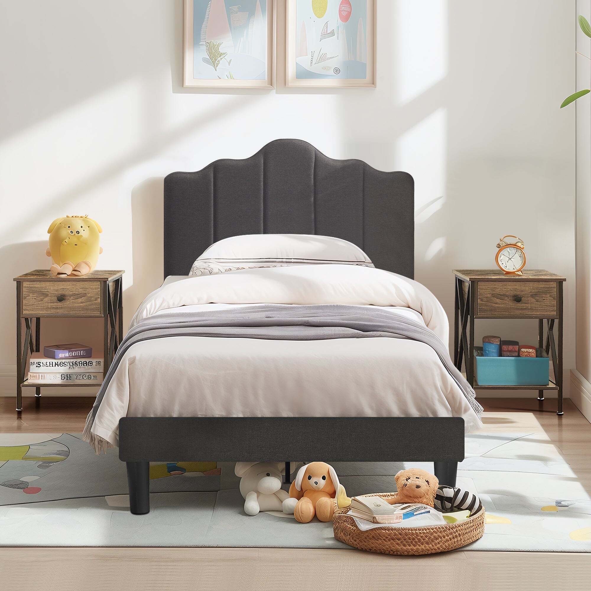 Taomika 3 Pieces Bedroom Set with Dark Grey Adjustable Upholstered