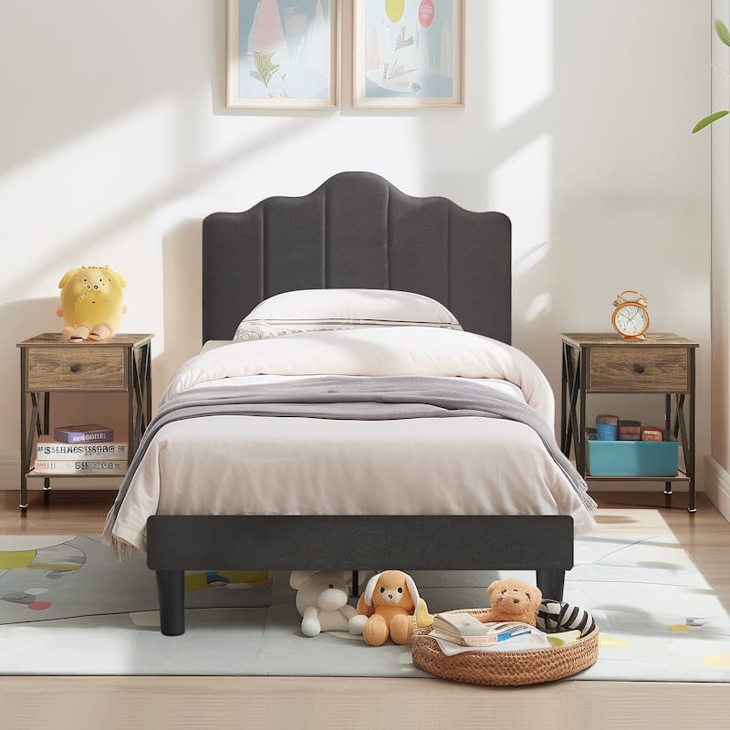 VECELO Modern Bed Frame with Adjustable Headboard, Twin Size Upholstered Bed Kids Bed set of 2