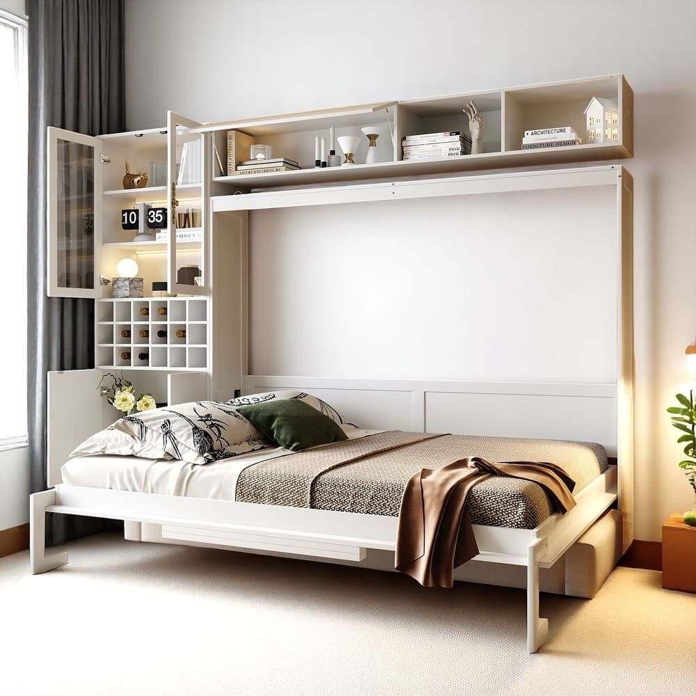 Fold Down Full/Queen Wall Bed with Sofa, USB Charging, Shelves & Built-in Lighting, Space-Saving