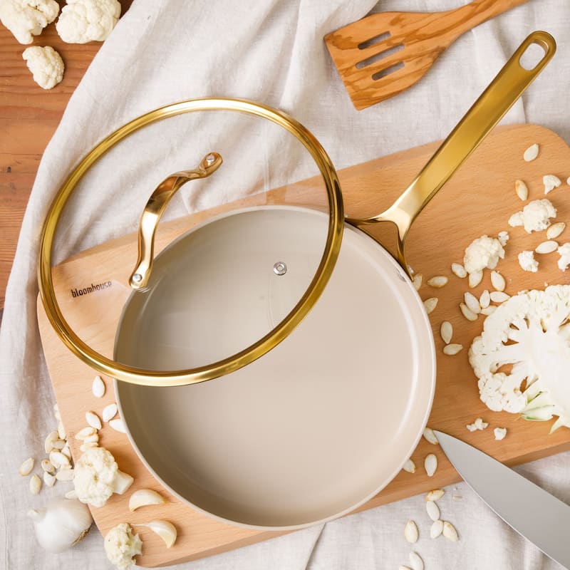 Bloomhouse 10 Inch Heavy Duty Aluminum Premium PFA Free Ceramic Nonstick Frying Pan Skillet with Lid - Almond Cream