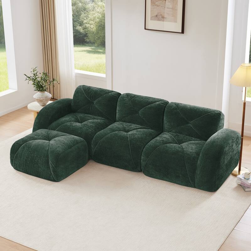 L-shaped Soft Velvet Fabric, Boneless Sofa, Tufted Design, Ergonomic Design Bottom, 32D High Density Sponge - Green
