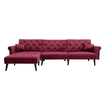 Button Tufted Sectional Sofa w/2 Pillows & Reversible Chaise Lounge, L-Shaped Convertible Sleeper Velvet Couch for Living Room
