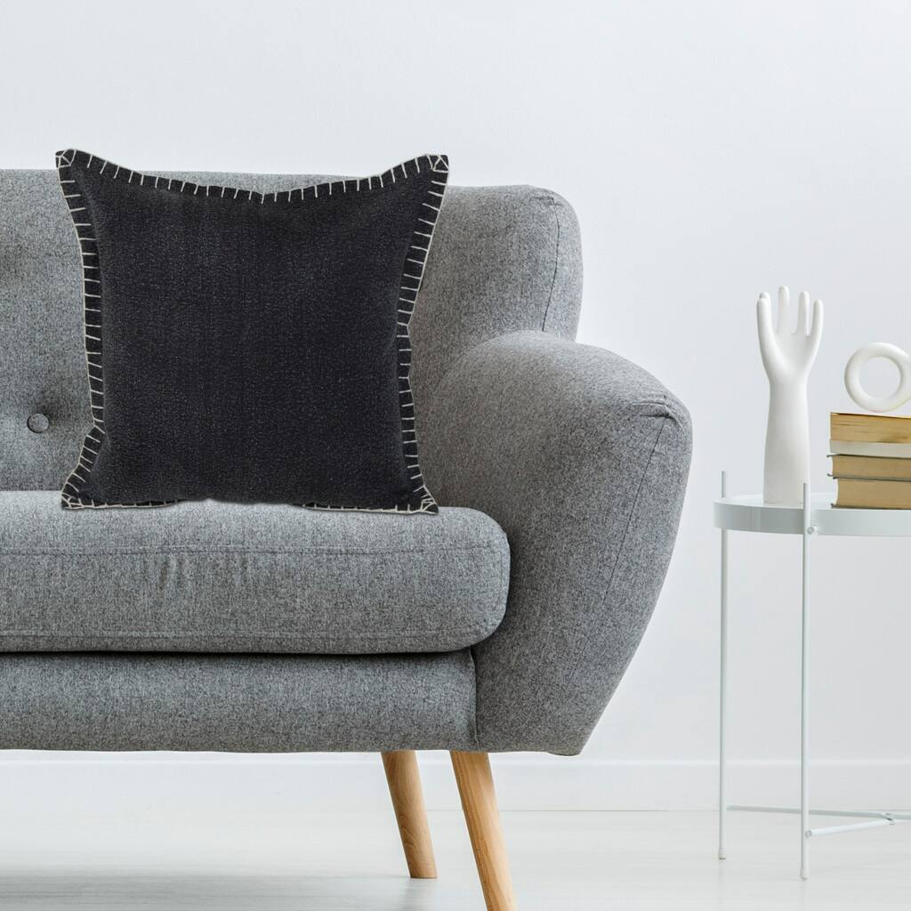 Handwoven Embroidered Edge Square Throw Pillow - 18" - Jet Black