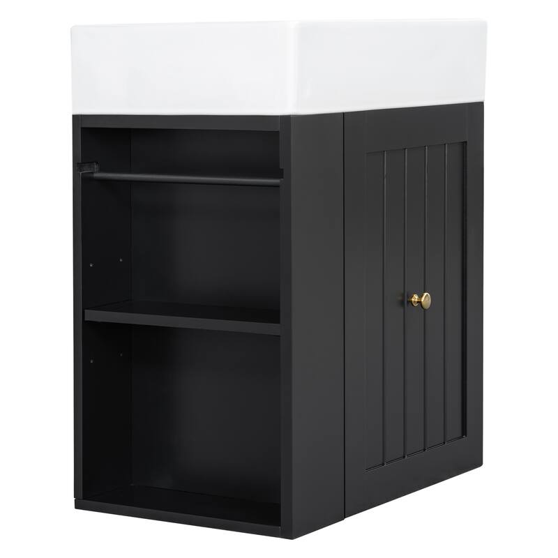 20 Inch Wall-mounted Bathroom Vanity with Ceramic Sink, Floating Bathroom Vanity Cabinet with Side Shelf for Small Bathrooms