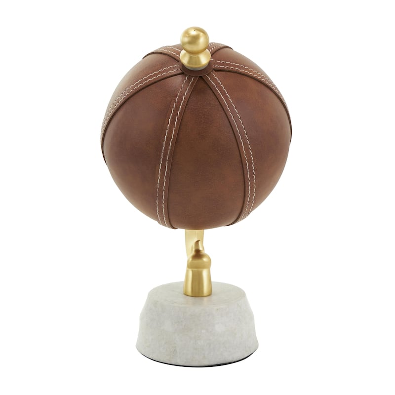 Leather Handmade Stitched Globe with White Marble Base - Brown - Roche River Decor