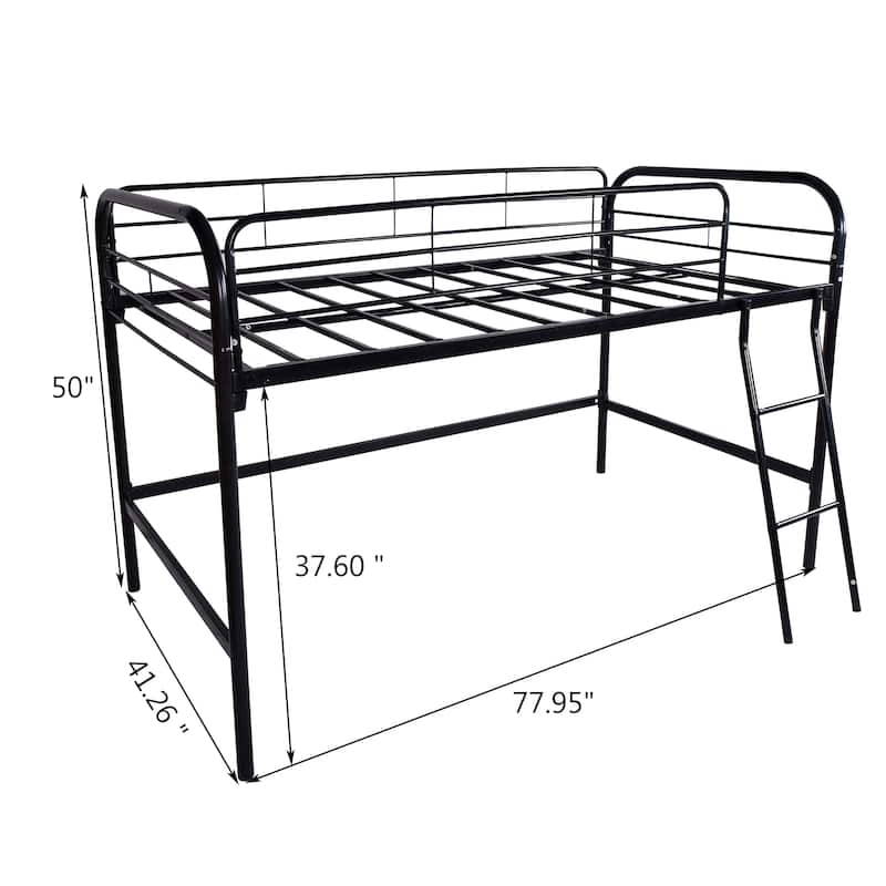 Black Twin Size Metal High Loft Bed with Fence