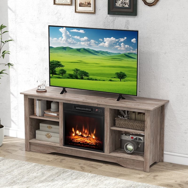 Engineered Wood 65 inches TV Stand with 6 Storage Cubby Shelves and Fireplace Space - 58" x 16" x 24.5"