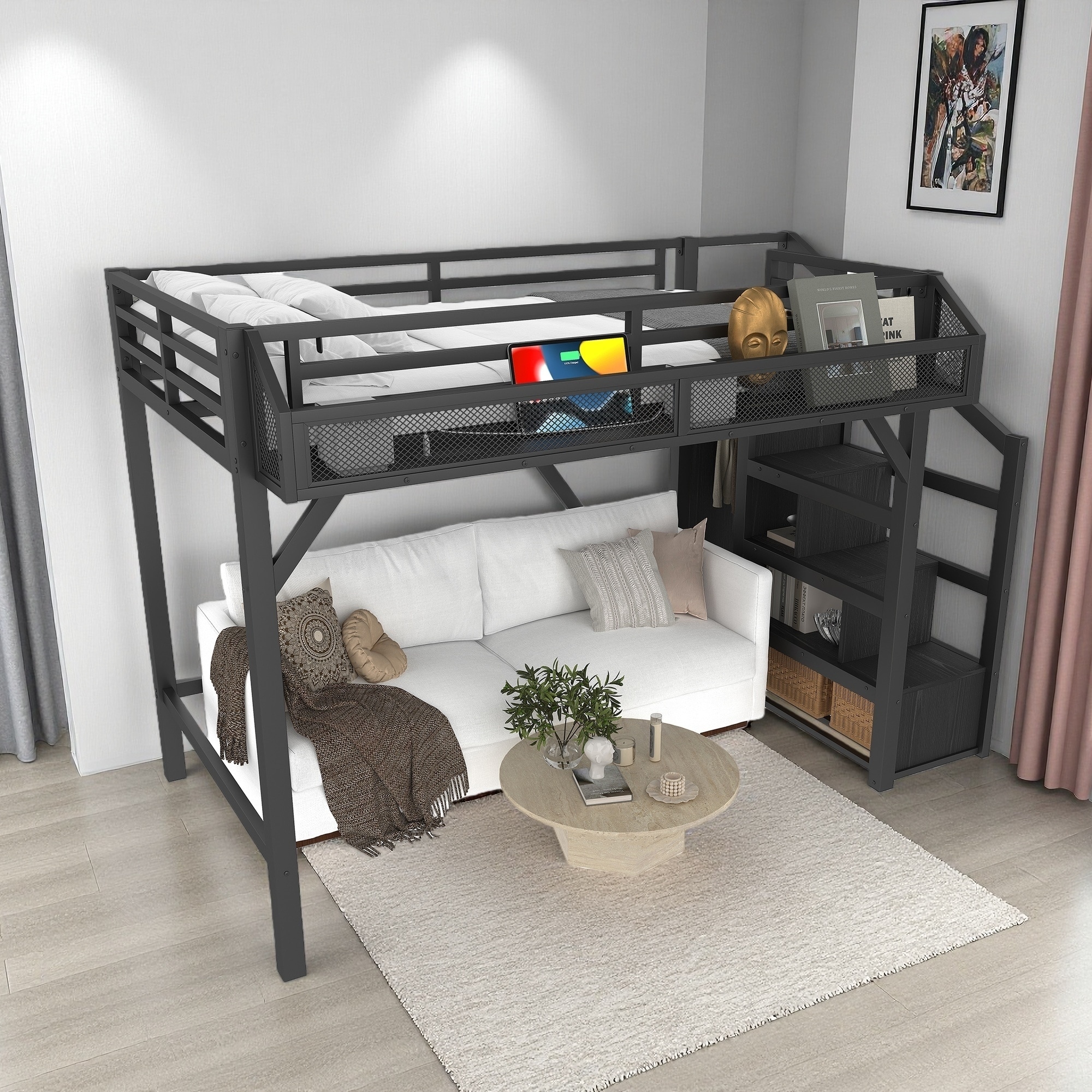 Twin XL Metal Loft Bed with Storage Stairs, Built-in Wardrobe & Shelves, USB Ports, LED Lights, Noise-Reduced Design