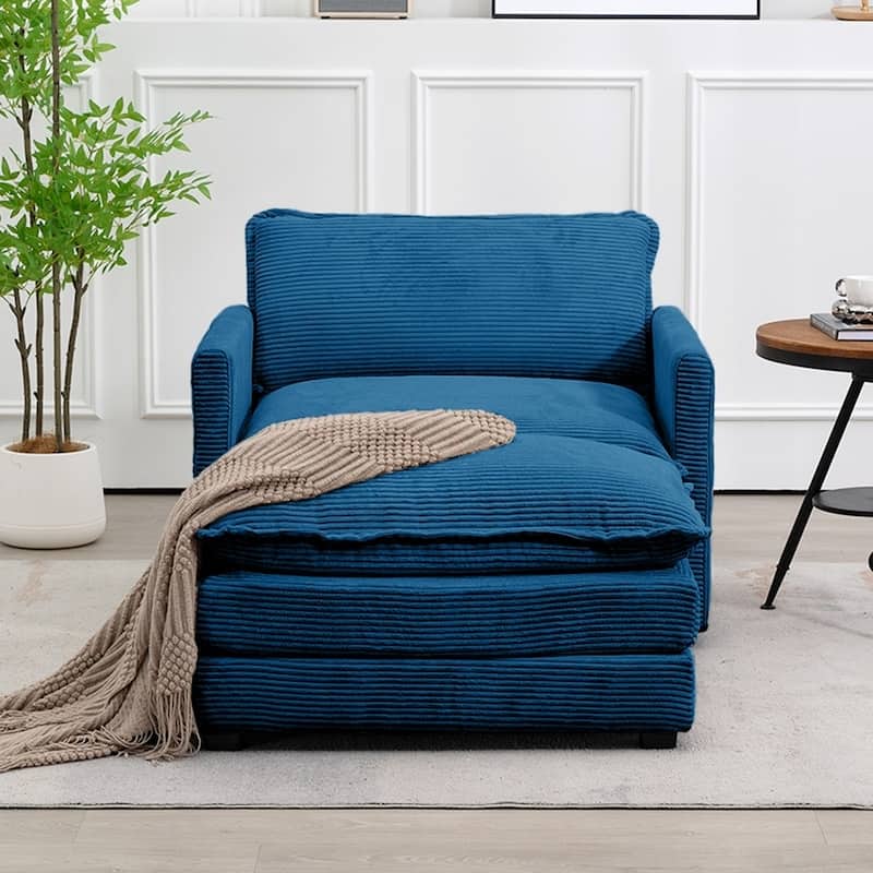 Oversized Corduroy Armchair with Plush Cushions and Movable Ottoman