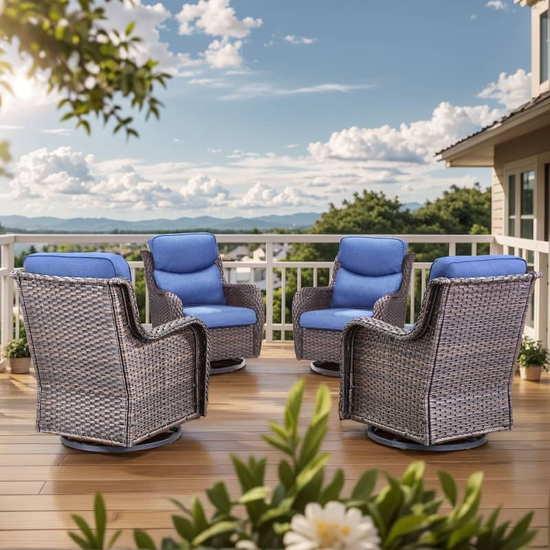 4 Pieces Outdoor Gliders Swivel Chairs Set with 5-Inch Thick Cushions - Brown Rattan - Blue Cushion - 4PCS Swivel Chairs