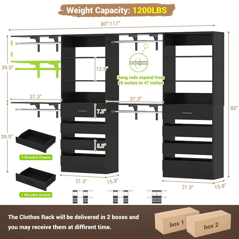 Set of 2 Closet System with Wooden Drawers and Hanging Rods, Closet Organizer with Adjustable Storage Shelves