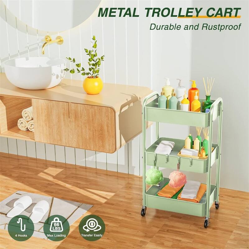 3 Tier Rolling Storage Cart Metal Trolley Utility Cart with Wheels - 15.7"D x 7.1"W x 35.9"H