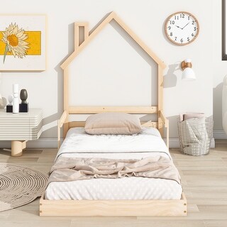 Twin Size House-Shaped Headboard Floor Bed with Handrails , Slats