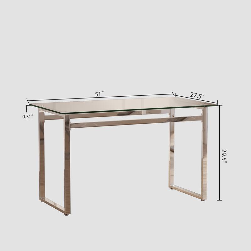 Modern Minimalist Rectangular Glass Dining Table with 0.31" Tempered Glass Tabletop and Silver Chrome Metal Legs