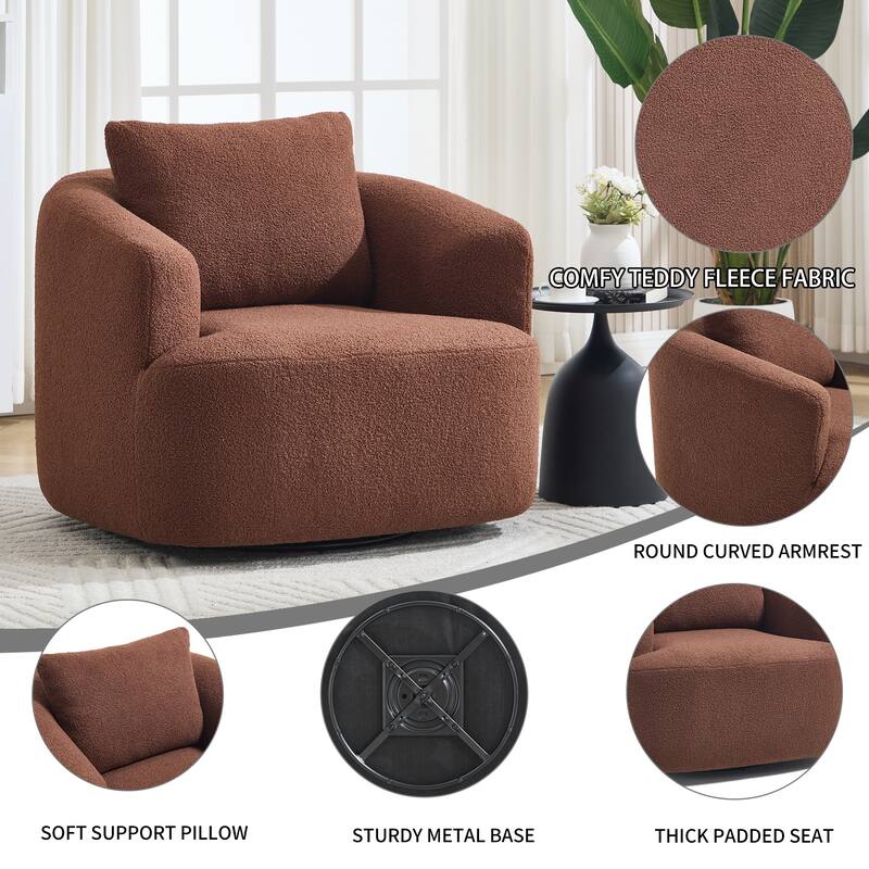 360°Swivel Round Upholstered Comfy Chair With One Soft Pillow, Teddy Fleece High-Resilience Sponge Single Sofa