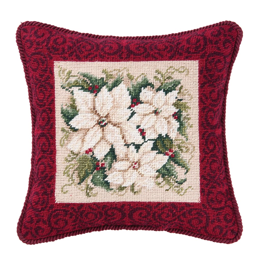 Christmas 14" x 14" White Poinsettia Needlepoint Pillow
