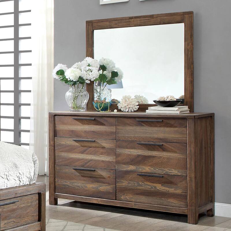 Lome Rustic Brown Wood 6-Drawer 2-Piece Dresser and Mirror Set by Furniture of America - Rustic Natural Tone