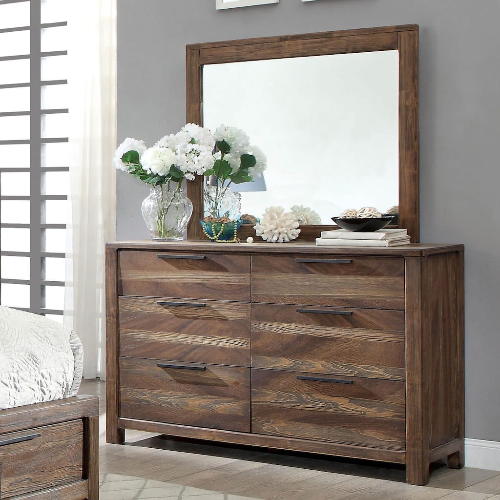Lome Rustic Brown Wood 6-Drawer 2-Piece Dresser and Mirror Set by Furniture of America