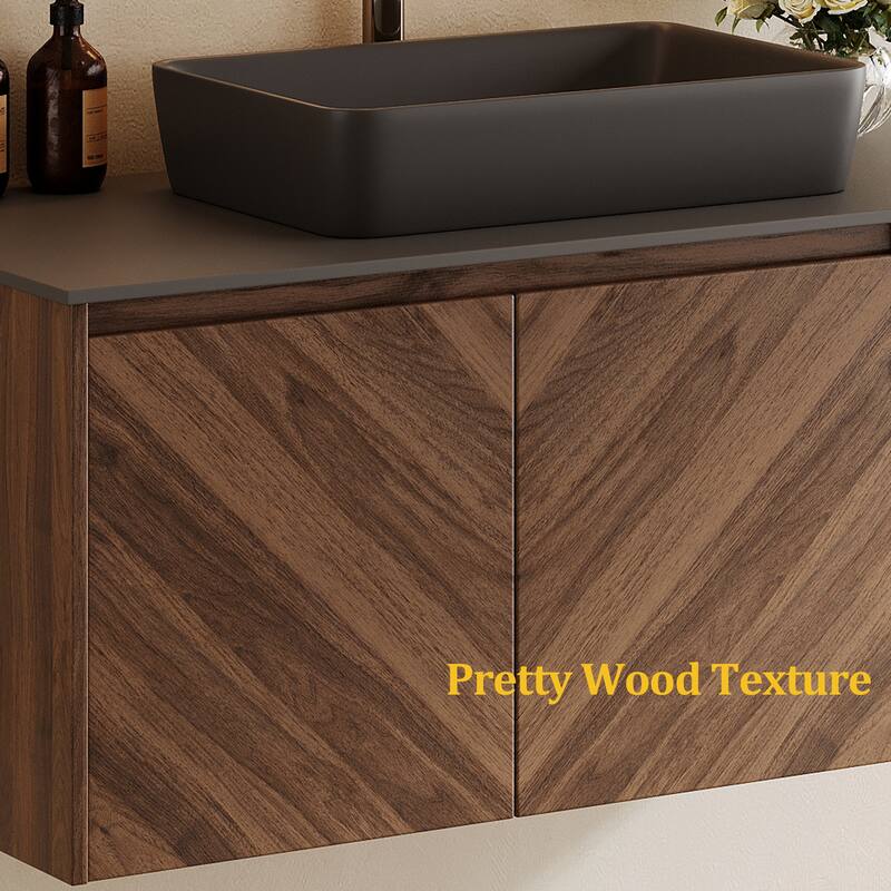 35.83'' Single Bathroom Vanity with Stone Top, Brown Wood, Black Vessel, Floading Vanities