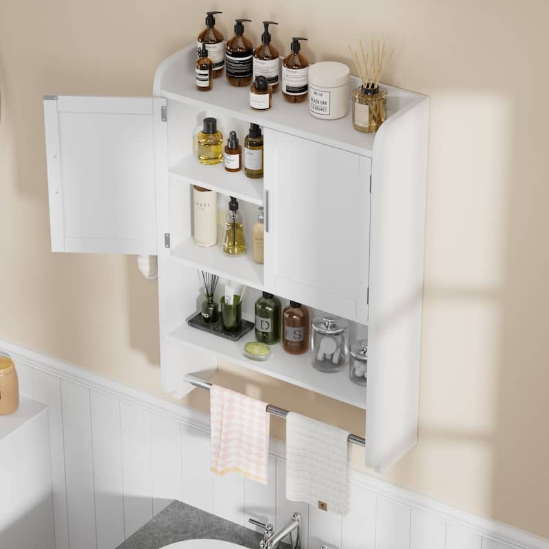 VECELO Bathroom Wall Cabinet Over Toilet Storage Cabinet Medicine Cabinet Space Saving with 2 Doors Open Shelves Towel Bars