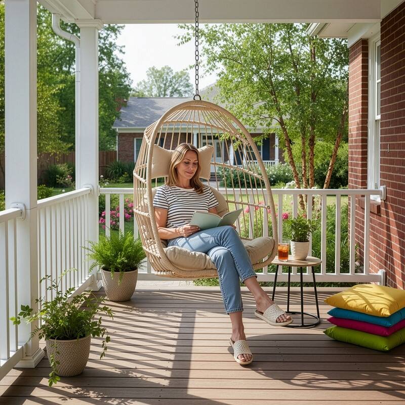 Outdoor Indoor Wicker Foldable Hanging Egg Chair Without Stand, Patio Swing Chair with Cushion, 350 lb Capacity