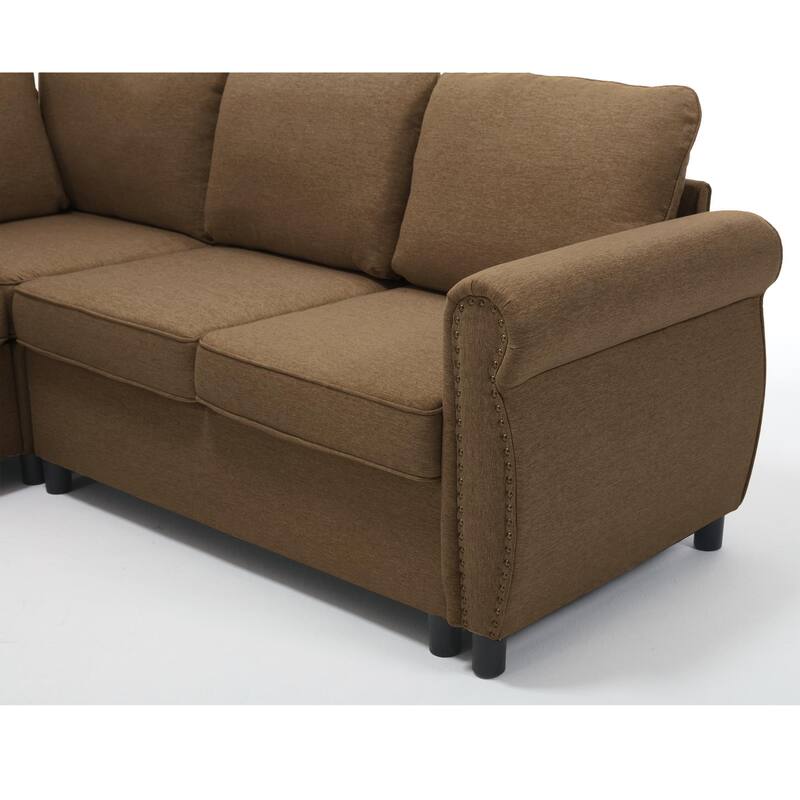 104" Polyester L-Shaped 6-Seater Sleeper Sofa with Pull-Out Queen Bed and 7 Removable Cushions