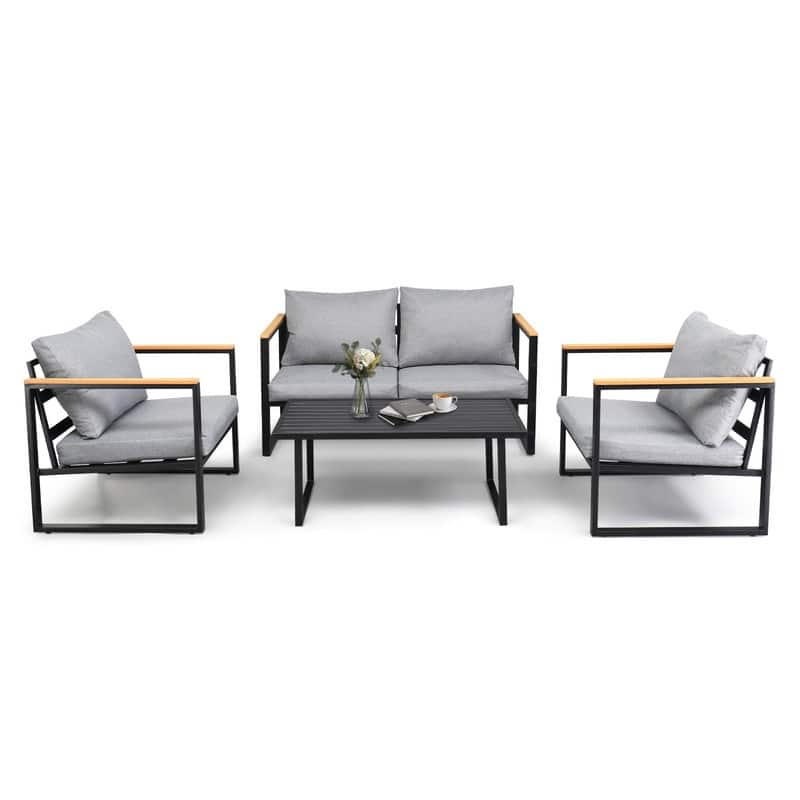 4-Piece Black Iron Patio Set with Gray Cushions, Coffee Table & 2 Singles+1 Loveseat