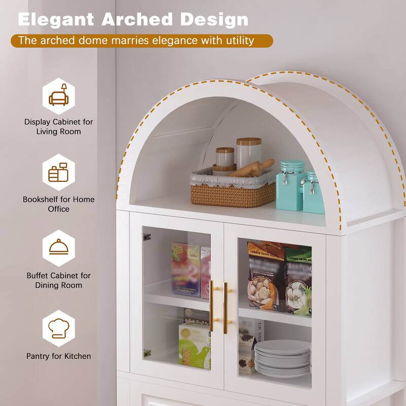 Roomfitters 71" Tall Arched Farmhouse Pantry Cabinet with Glass Barn Doors & Pull-Out Drawer