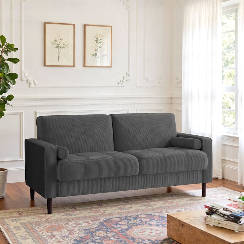 Modern Corduroy Upholstered Loveseat with Bolster Pillows and Wood Legs - Grey