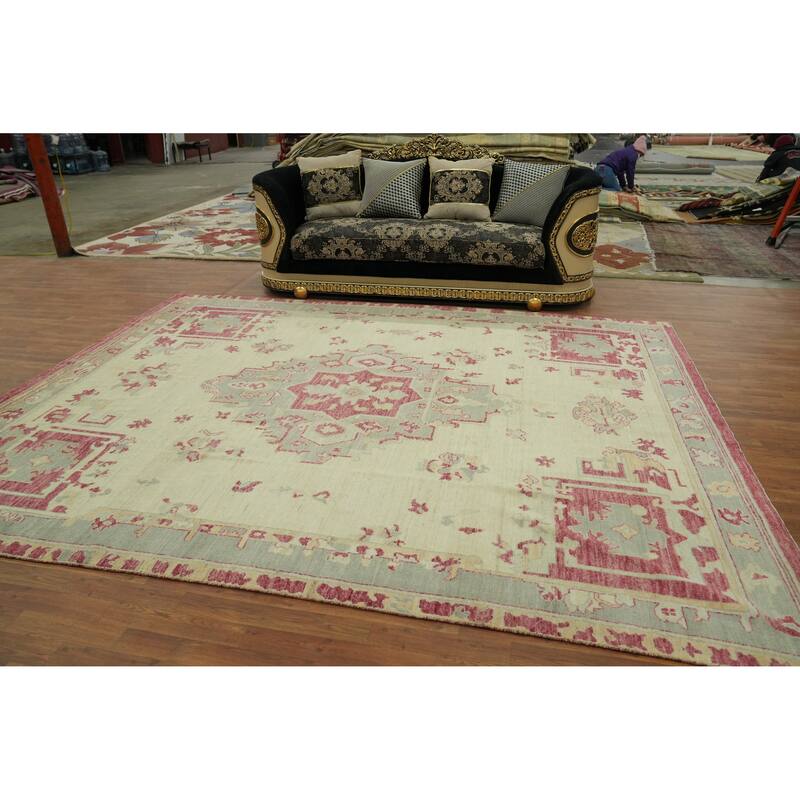 Handmade Wool Oushak Turkish Area Rug, Medallion Geometric Carpet - 11' 9'' X 9' 2''