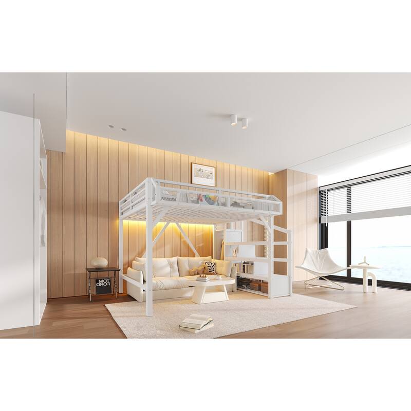 Queen Loft Bed with Storage Stairs, Shelves and Built-in Wardrobe, with USB Ports and LED Lights, Noise-reduced Design