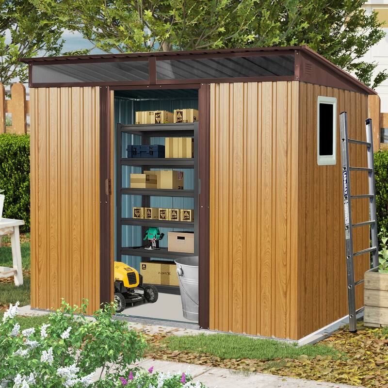 GDF Studio - Mirren Outdoor Metal Storage Shed with Window and Lockable Sliding Door - Coffee
