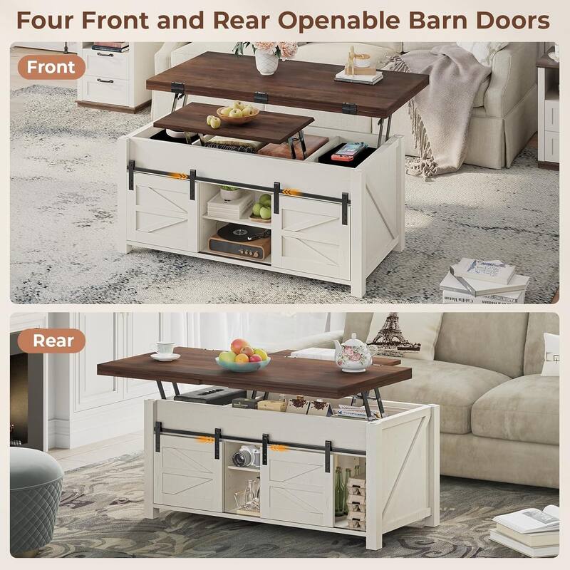 Lift Top Coffee Table Living Room 4 Sliding Barn Doors Adjustable Shelves