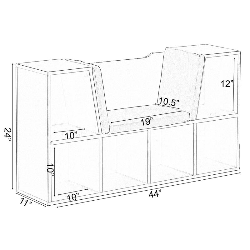 Modern Bookshelf with Storage Space and Gray Cushioned Reading Nook