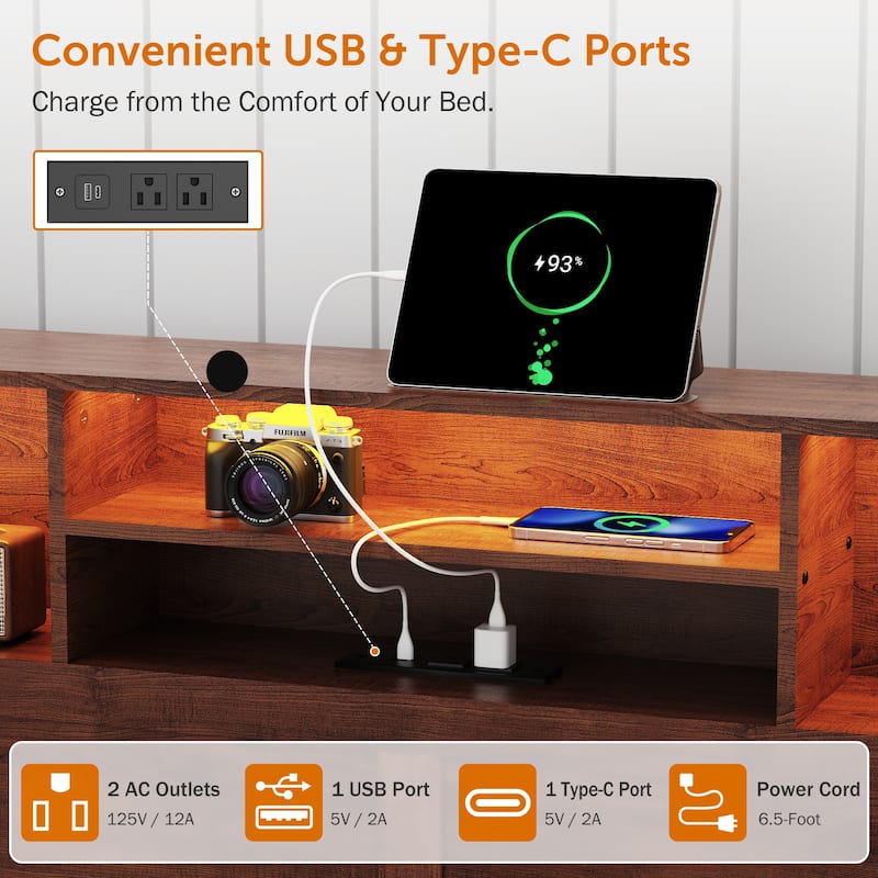 Farmhouse Full/Queen Bed Frame with Storage Headboard, Charging Station and RGB LED Lights, MDF and Steel Platform Bed