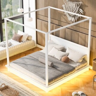 King Size Wood LED Canopy Bed with Headboard and Support Slats