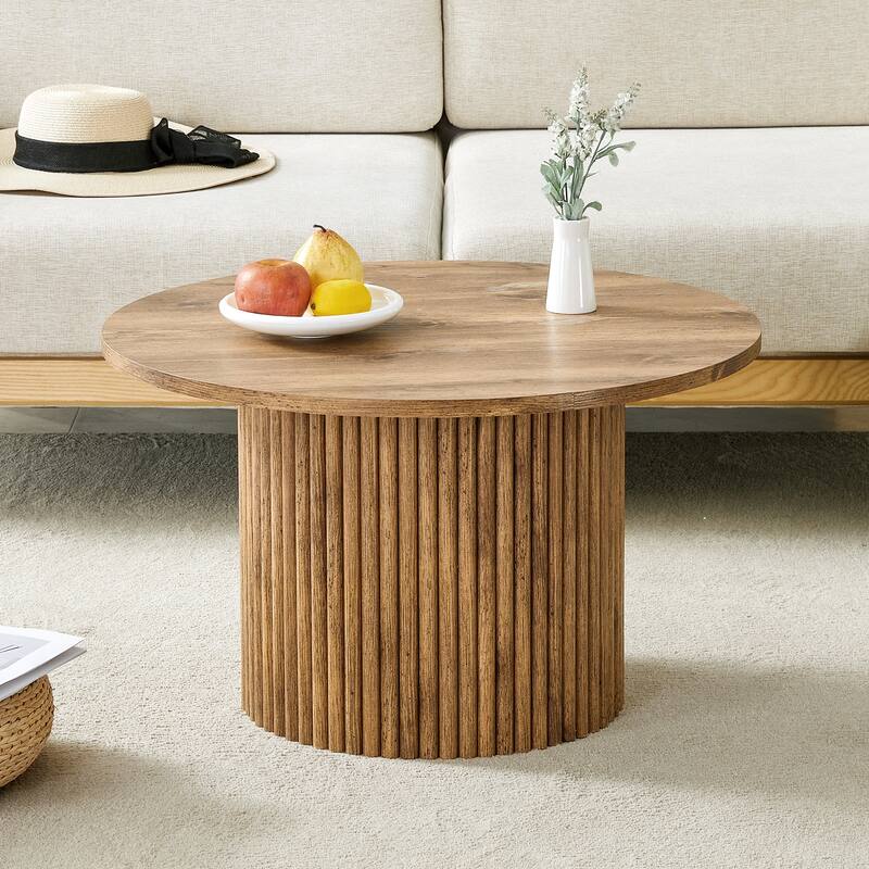 Modern Round Coffee Table with Cylindrical Legs Wooden Center Table with Concealed Storage Space Living Room Tea Table