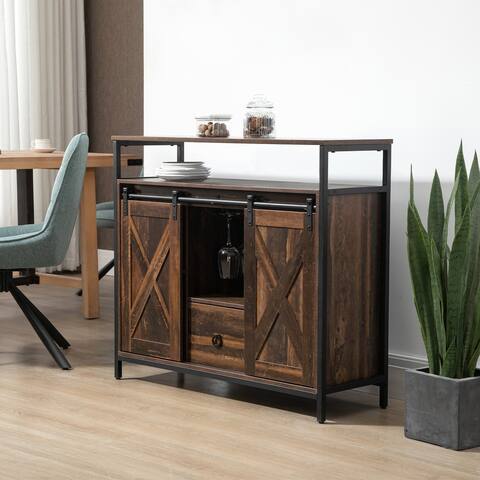 HOMCOM Industrial Buffet Cabinet with Sliding Barn Doors, Storage Cabinets, Stemware Racks, Drawer and Adjustable Shelves