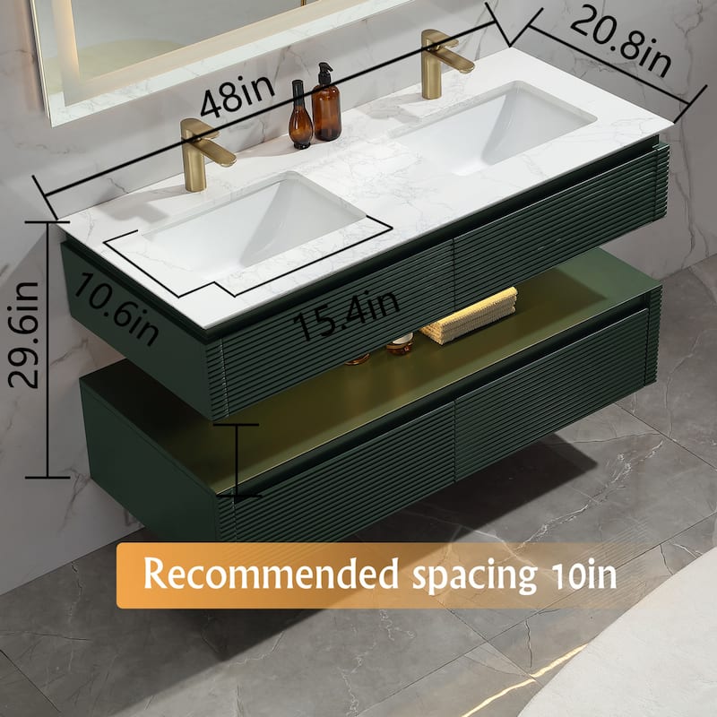 Modland 36/48 Inch LED Floating Vanity with Marble Top & Soft-Close Drawer - Green/White, Wall Drain Ready