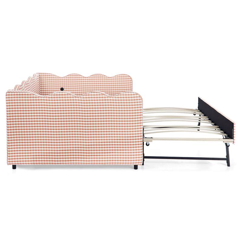 Upholstery Daybed Full Size Sofa Bed with Twin Size Trundle and Charging Ports, Linen Fabric Plaid Pattern and Wavy Silhouette