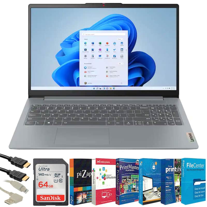 Lenovo IdeaPad Slim 3i 15.6" Full HD Laptop Intel Core i3-N305 2023 - 8GB Memory, 128GB UFS Arctic Grey + 64GB SDXC Card Bundle - Arctic Grey