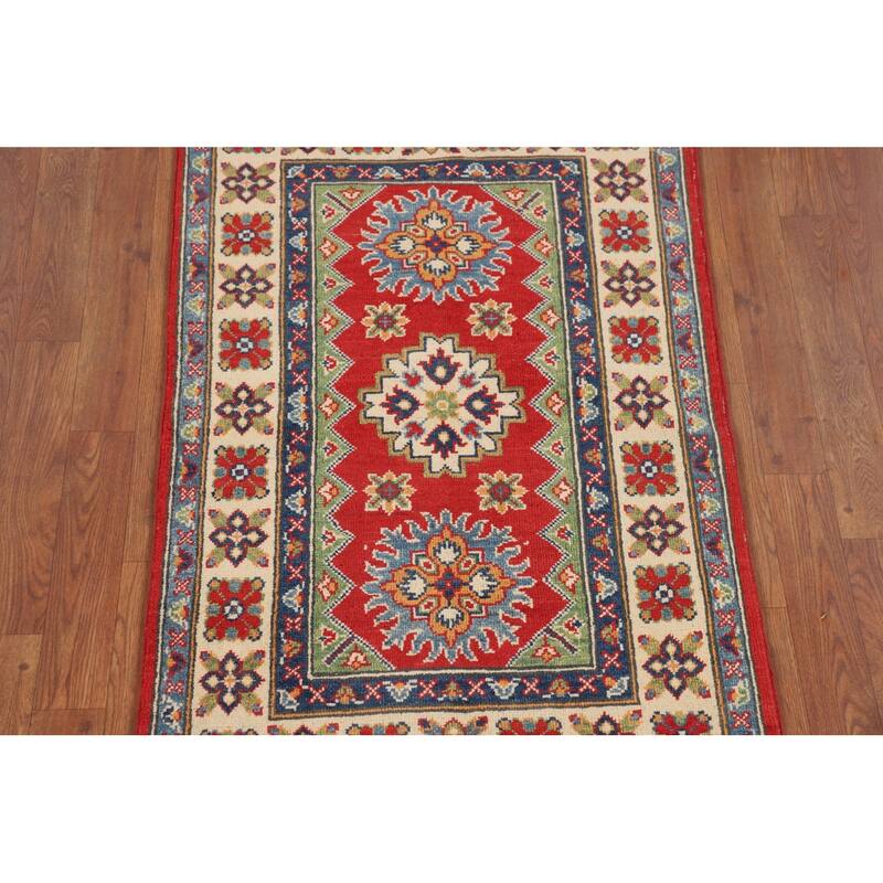 Kazak Foyer Rug Hand-Knotted Red Geometric Wool Carpet - 2'6" x 4'1"