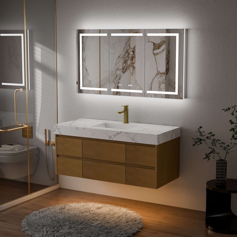 Modland 48" Floating Bathroom Vanity with Single/Double Sink, Modern Maple Wood Wall Mounted Vanity with Marble Countertop