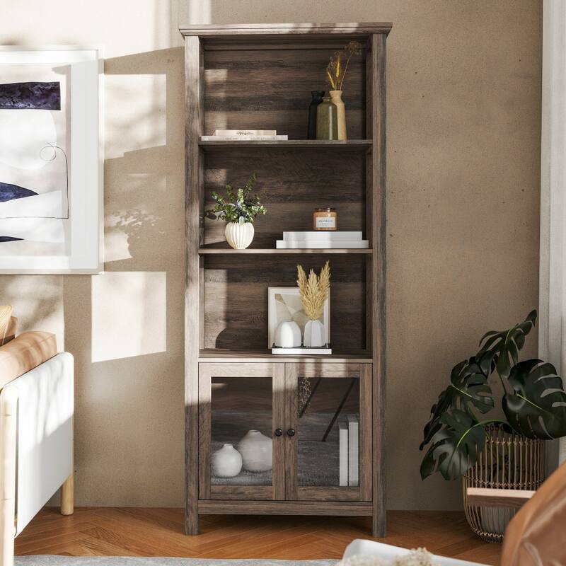 3 Tier Farmhouse Style Storage Cabinet Bookshelf with Glass Doors