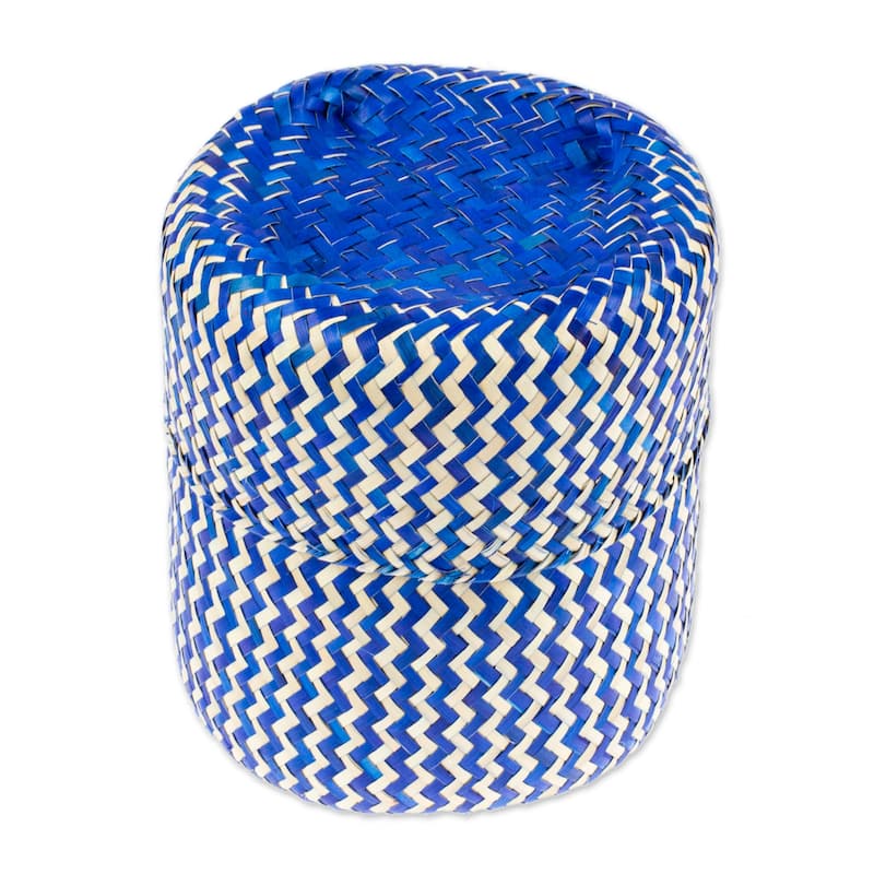 Novica Handmade Tiger In Blue Natural Fiber Basket