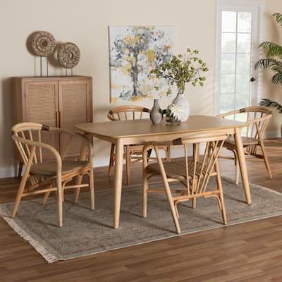 Kyoto Modern Bohemian Natural Brown Finished Wood and Rattan 5-Piece Dining Set