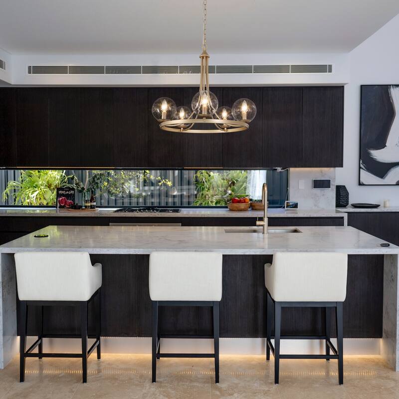 Mid-century Modern 5-Light Wagon Wheel Dining Room Chandelier Globe Seeded Glass Kitchen Island - 24" D x 21"H