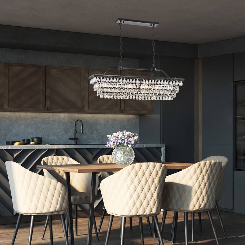 Antique Black 6-Light Rectangular Kitchen Island Lighting with Crystal Hanging