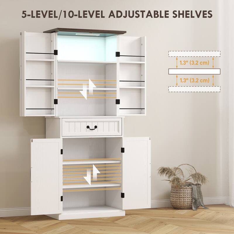 Farmhouse Style Kitchen Pantry Cabinet with Motion Sensor Light Adjustable Shelves and Spacious Storage