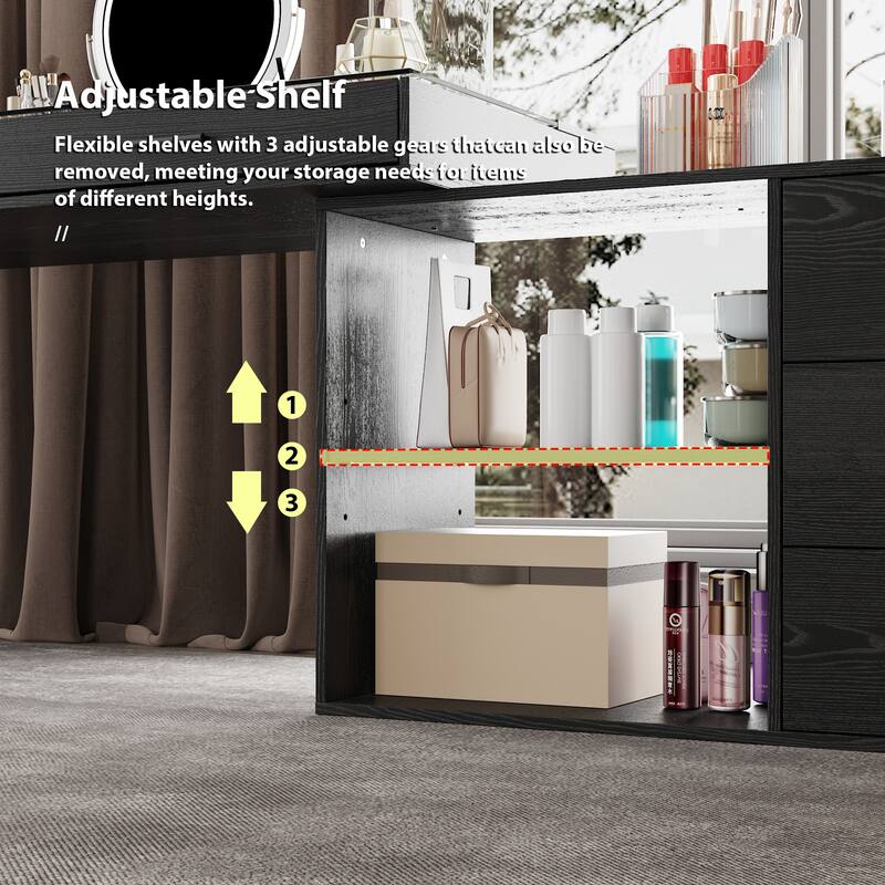 Black L-Shaped Desk with Glass Top Adjustable Writing Table with 5 Drawers, Sliding Top Reversible